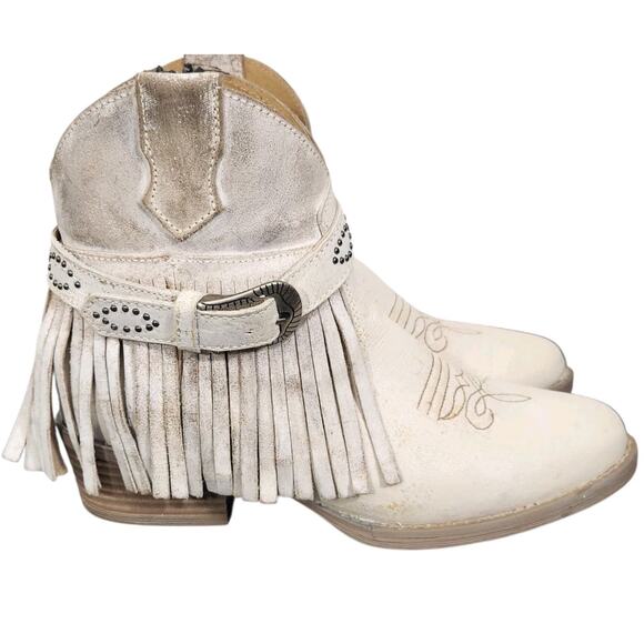 Sterling River Shoes - Sterling River Cowboy Boots Distressed Leather Fringe Buckle Zip Ankle Sz 9